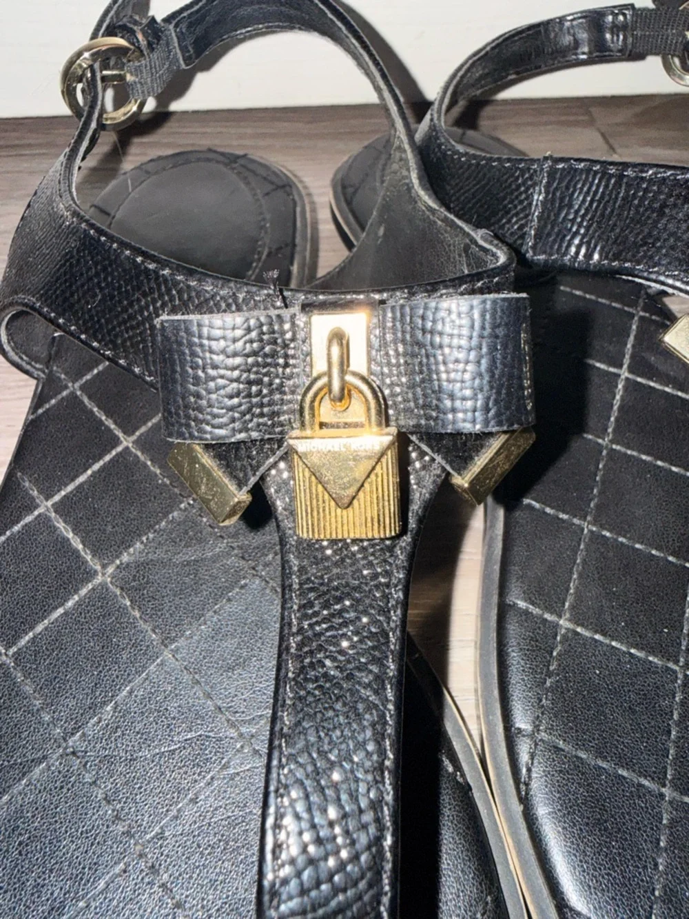 Michael Kors Black Quilted T-Strap Sandals with Gold Hardware - Picture 4 of 6